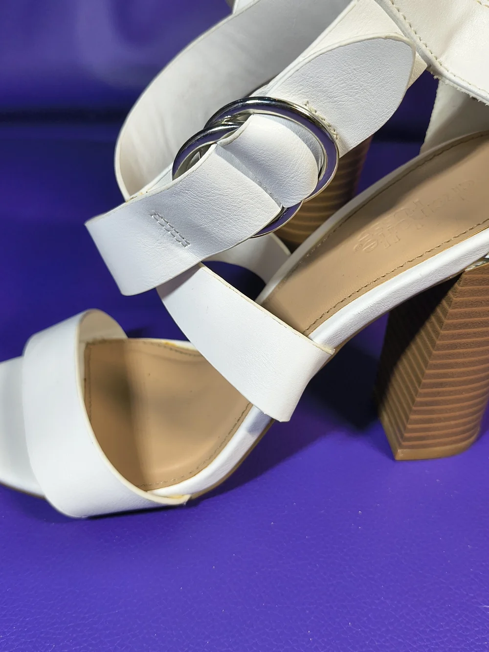 Charlotte Russe CARDI Retro Sandal Size 8 White Strappy Block Heel Buckle.
